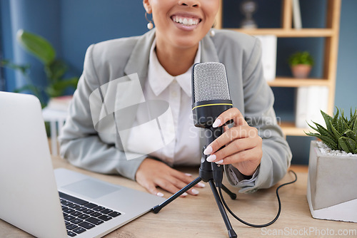 Image of Podcast, laptop and microphone woman with broadcast, news update or live streaming communication in office. Business influencer, journalist or radio speaker mic and technology for a virtual interview