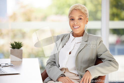 Image of Business woman, portrait and happy working in a corporate advertising company with vision and motivation for career growth. Black woman, employee and smile for success in marketing and pride in job