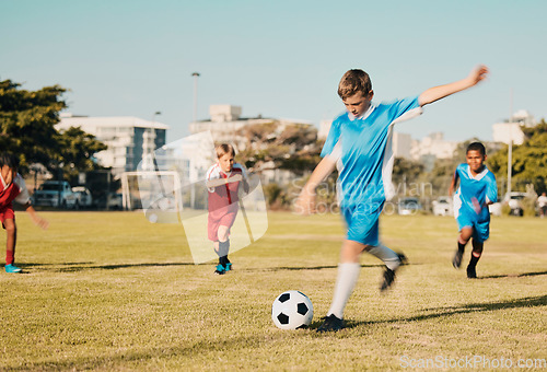 Image of Soccer, boys running and kicking ball on field in summer, motivation and sports workout goals. Football, teamwork and growth, children playing game on grass soccer field in urban park with kids team.