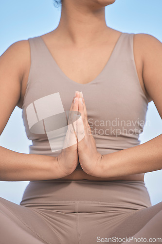 Image of Zen meditation, hands and woman pray for spiritual mindset health or yoga worship prayer in nature. Mindfulness, balance and mediate for healthy faith lifestyle, calm and relax workout outside