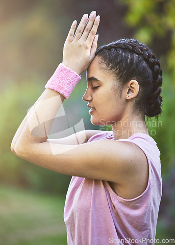 Image of Meditation, yoga and fitness with a woman athlete training for wellness or inner peace outdoor. Health, exercise and zen with a female yogi meditating outside in nature for spiritual balance