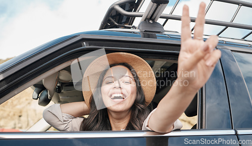 Image of Road trip, car travel and woman, peace and sign for summer holiday, vacation and relax drive. Portrait traveling girl show fun peace sign in driving, journey and solo adventure, freedom and happiness