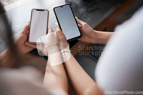 Image of Mockup screen, advertising and friends marketing a mobile app, communication and internet connection on a phone. Technology, social media and people with their mobile for conversation and space
