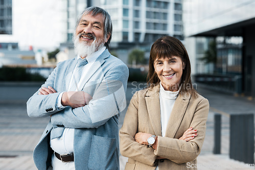 Image of Business people, senior and urban portrait with man and woman smile, diversity and team in company motivation cityscape. Corporate, mature and professional outdoor with confidence and pride in city.
