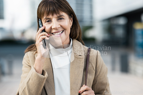 Image of Senior woman, business and phone call on walk in city for communication with smile outdoor. Corporate conversation, happy entrepreneur or networking in metro, urban or street with talk on smartphone