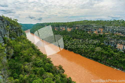 Image of View point in Tsingy de Bemaraha National Park to river Manambolo. Madagascar wilderness landscape.