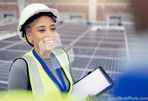 Image of Solar panel, engineer and woman checklist, mockup and discussing vision for engineering innovation on rooftop. Technician, solar energy and paper planning by woman share goal for renewable energy