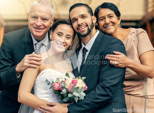 Image of Bride, groom and family portrait hug for wedding celebration, generations or marriage at the church. Married man and woman with happy family smile for commitment, trust or love and support together