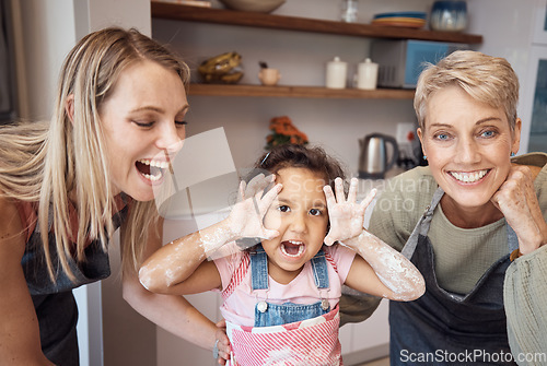 Image of Happy, mother and grandmother with child baker hands in playful joy or funny laughter with smile for bonding at home. Mama, grandma and kid baking together for fun family time activity in the kitchen