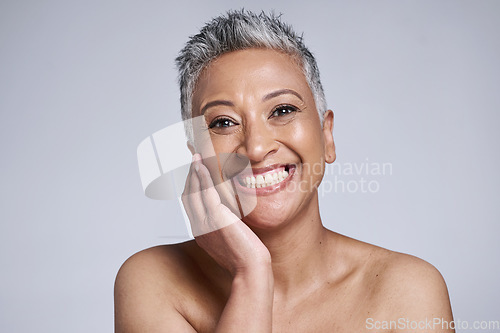 Image of Botox, face and happy elderly woman for beauty skincare wellness and cosmetics plastic surgery model in studio. Portrait of black woman, skin health and natural dermatology care in grey background