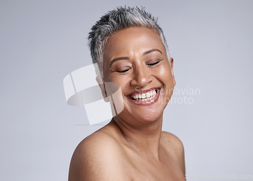 Image of Happy, face and beauty of senior woman with excited smile for skincare, health or botox marketing. Happiness, plastic surgery and wellness of mature model for cosmetic procedure studio mockup.