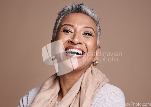 Image of Smile, happy and senior woman excited for skincare beauty wellness in studio. Elderly person, cosmetics makeup and anti aging botox treatment for healthy skin lifestyle against brown background