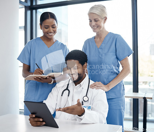 Image of People in hospital, medical team meeting doctor or digital innovation in healthcare with professional advice. Black man in expert career, results of experiment test or nurse group research medicine