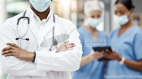 Image of Leadership, covid or black man doctor in hospital with stethoscope for healthcare vision, mission or goal motivation. Medical, medicine or insurance nurse for health, surgery or wellness in clinic