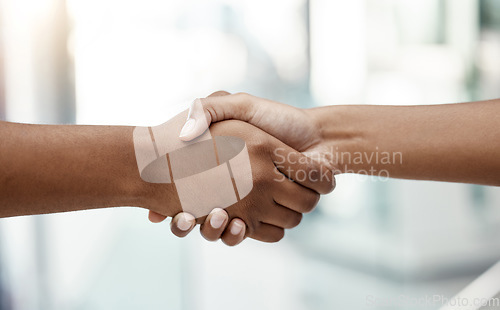 Image of Handshake, interview and human resources manager networking with a businessman in an office building. We are hiring, diversity and business people shaking hands after a successful negotiation meeting