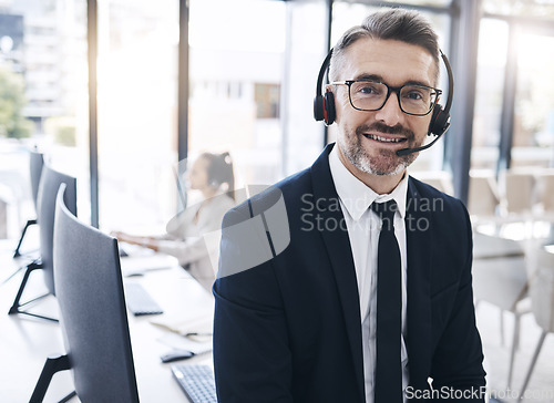 Image of Communication, leadership and portrait of businessman at call center with vision at telemarketing company. Contact us, customer service and crm, happy ceo manager at customer service help desk office