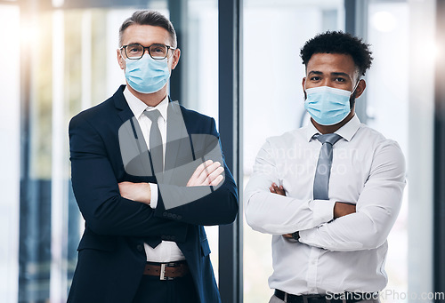 Image of Covid, face mask and businessman people in office portrait for compliance, company policy and risk management teamwork. Proud, diversity and leadership corporate men for corona virus healthcare rules