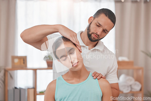 Image of Physiotherapy, neck injury and woman in a consultation room with physiotherapist man for spine, back and bone assessment. Neck pain, girl and doctor in an exam for posture, joint and muscle problem