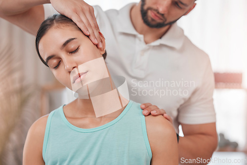 Image of Physiotherapy, neck pain and stretching with woman and doctor for healthcare, chiropractic or consulting. Massage, wellness or medical with man and patient exam for rehabilitation, healing or therapy
