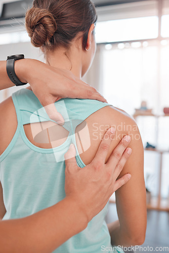 Image of Hands, physiotherapy and woman with back pain in consultation room with physiotherapist and mockup. Hand, physical therapy and healthcare worker massage, check and feel girl spine, muscle and joint