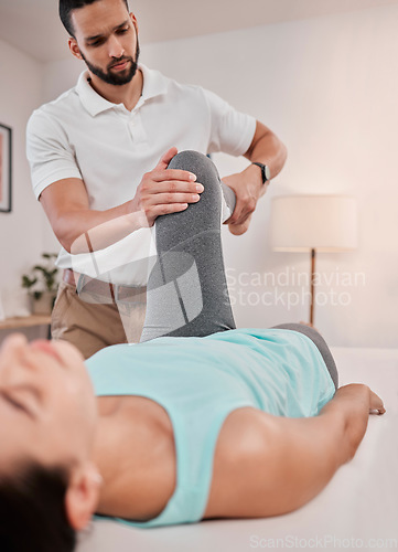 Image of Physiotherapy, stretching and leg with woman and doctor for chiropractor, rehabilitation or orthopedic healthcare. Medical, exercise and healing with patient and man for consulting, help or training