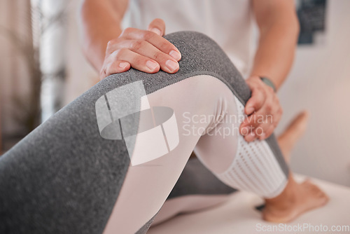 Image of Physiotherapy, knee pain or woman with therapist for medical healthcare, leg injury or wellness massage for help. Medicine, physical therapy or health worker consulting, support or helping patient