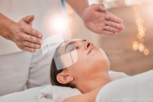 Image of Woman, hands or relax reiki spa for stress management, headache relief or healthcare wellness in holistic clinic. Energy healer, man or mind chakra peace for sleeping patient and special effects glow