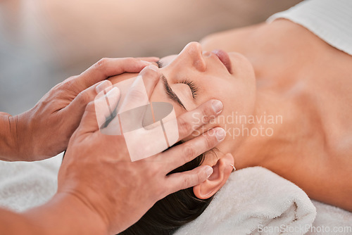 Image of Woman, hands or head massage in spa headache relief, stress management or self love healthcare wellness. Man, massage therapist and masseur with relax client in zen, calm or peace luxury hotel salon