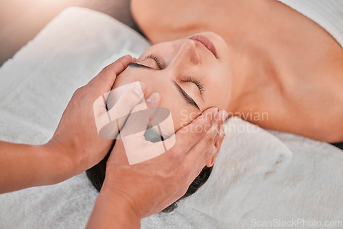 Image of Woman, hands and head massage in relax spa for healthcare wellness, self care or stress management. Massage therapist, man or masseur with luxury beauty salon client for skincare facial or zen break