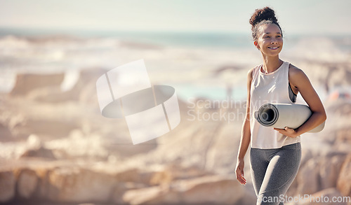 Image of Yoga, pilates and beach mock up of woman ready to start health fitness, outdoor exercise or body wellness workout. Freedom peace, mat and rock mockup of happy black girl in nature for sports training