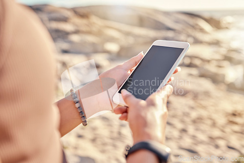 Image of Hands, phone and mockup space in nature for marketing or advertising. Mock up, tech and woman networking on 5g mobile, texting online or social media, scrolling on smartphone or internet browsing.