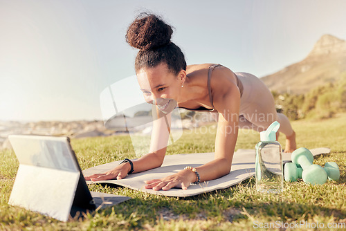 Image of Tablet, woman and workout for meditation for exercise, relax and health to connect in nature. Digital device, black girl or female with online tutorial, fitness class and wellness on yoga mat