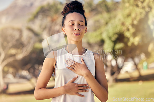 Image of Fitness, woman and yoga breathing in relax for spiritual wellness, mental wellbeing or calm exercise in nature. Female relaxing, exercising and training in warm up breath activity for healthy workout