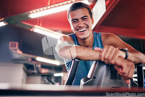 Image of Fitness, gym and portrait of happy man with smile after exercise, workout and training for health and wellness. Athlete or personal trainer with energy, happiness and commitment to healthy lifestyle