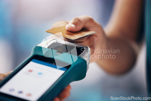 Image of Credit card payment, shopping and closeup at digital nfc terminal for money, pos or cashier at shop. Woman, hand and card for service, discount or cashless purchase with retail, tech or help at store