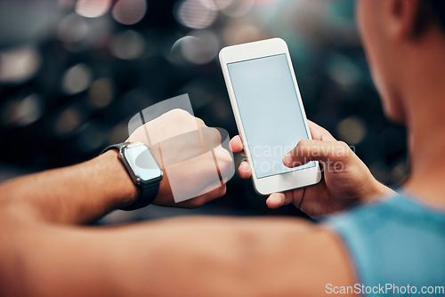 Image of Mockup, tech and woman with smartwatch and phone linking mobile app, time and online data. Advertising, marketing and person using smartphone and digital wristband with blank, empty screen