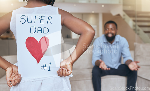 Image of Fathers day, black man and girl with card for celebrating special event with father and daughter. Family, love and kid with dad to celebrate loving care with heart gift note at home for happy day