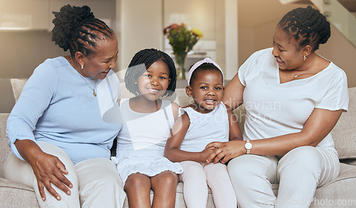 Image of Black family on sofa, children smile with grandmother in living room and portrait in Chicago home. Happy mom loves young kids, relax together on couch with girl and elderly woman support on weekend