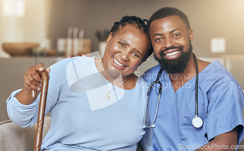 Image of Nurse, senior black woman and doctor or caregiver hugging for support, love and gratitude in nursing home. Smile, healthcare worker and happy African elderly person with a cane for a disability