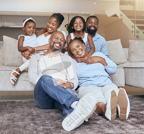 Image of Portrait, big family and african american people bonding with love, care and affection in a family home. Generations, grandmother and grandfather with children and parents at home while relaxing