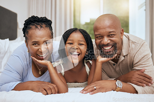 Image of Portrait of happy family home, girl and grandparents on bed for fun morning, relax lifestyle. Smile senior man, black woman and playful kid child face together in bedroom for love, care and joy