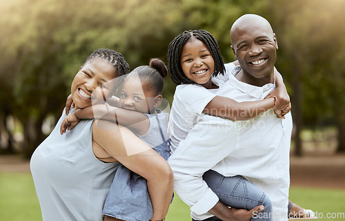 Image of Black family, piggyback or bonding in nature park, sustainability garden or grass environment in trust or love security. Portrait, smile or happy black woman, father and fun children in kids backyard
