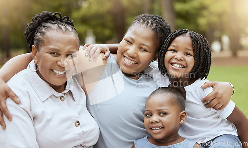 Image of Black family hug of children, mother and grandmother relax together in nature park for freedom, fun quality time and bonding. Love, peace and generations portrait of cute happy kids, mom and grandma