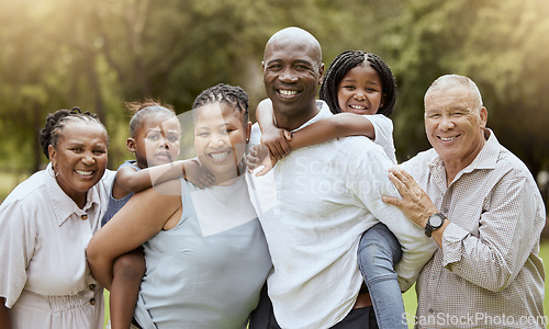 Image of Black family, portrait or bonding in nature park, sustainability environment or countryside garden field in fun summer break. Smile, happy children or kids with mother, father and senior grandparents