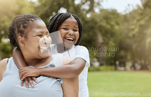 Image of Black family, nature and child hug mother while relax in grass field park for bonding, mockup and quality time together. Love, youth child care and freedom for happy kid girl with mom, mama or parent