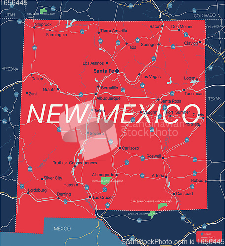 Image of New Mexico state detailed editable map