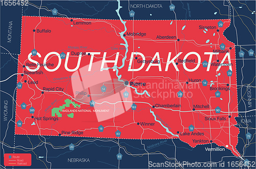 Image of South Dacota state detailed editable map