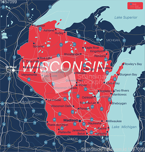 Image of Wisconsin state detailed editable map