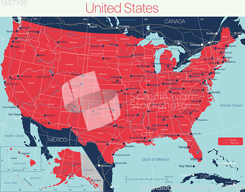 Image of United States of America state detailed editable map