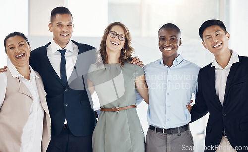 Image of Teamwork, diversity and portrait of business people in collaboration, working and support at a corporate company. Executive employees with trust, motivation and smile for solidarity at agency